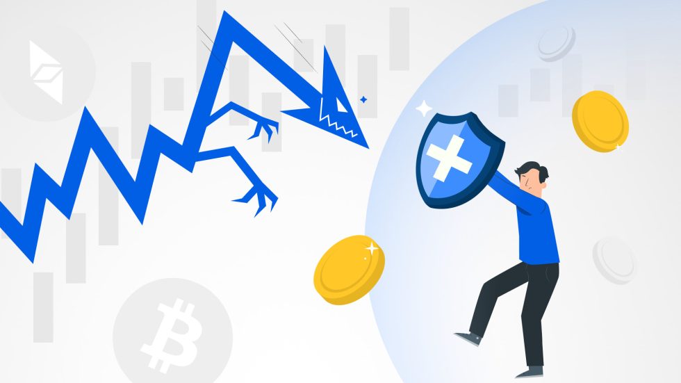  A person holding a shield with a plus sign on it is defending against a blue monster representing risk. The person is standing in front of a blue and yellow graph representing the stock market. Coins representing Bitcoin and Ethereum are flying around. The image represents the search query 'Traders using risk management techniques beyond stop loss orders'.