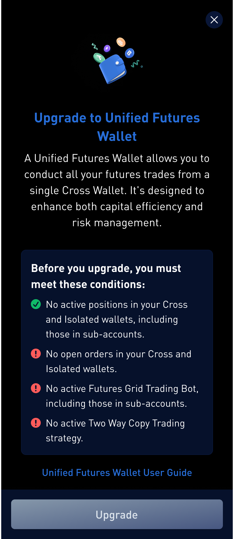 unified futures wallet upgrade screen 